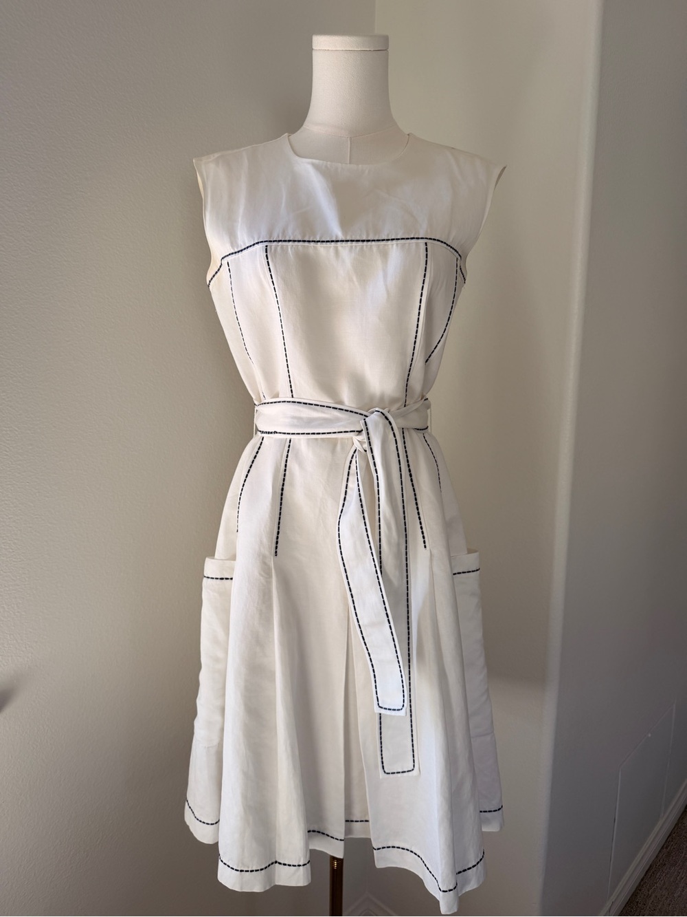 Carolina Herrera White Midi Dress with Black Stitching